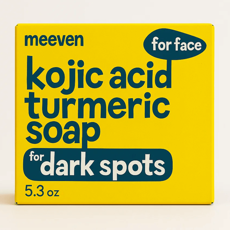 Box of meeven kojic acid turmeric soap for dark spots on a white background
